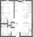 Floor plan for 1 bed, 1 bath, 665 sqft